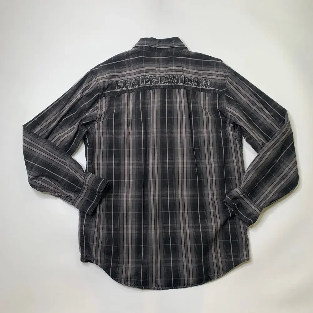 Harley Davidson Shirt Men M Medium Gray Black Cotton Plaid Button Up Long Sleeve